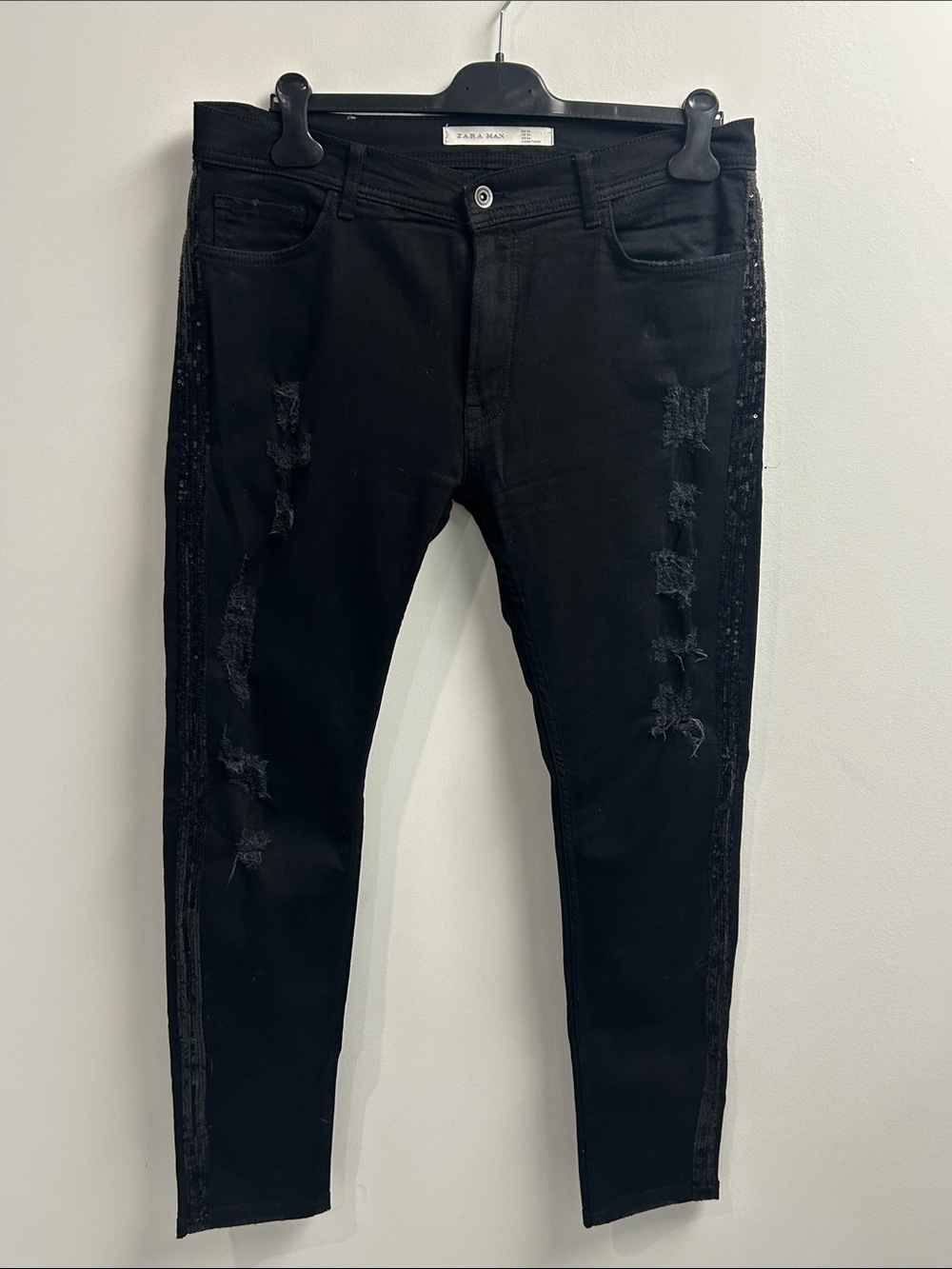 Zara Men’s Black Skinny Distressed Jeans with Sequin Panel